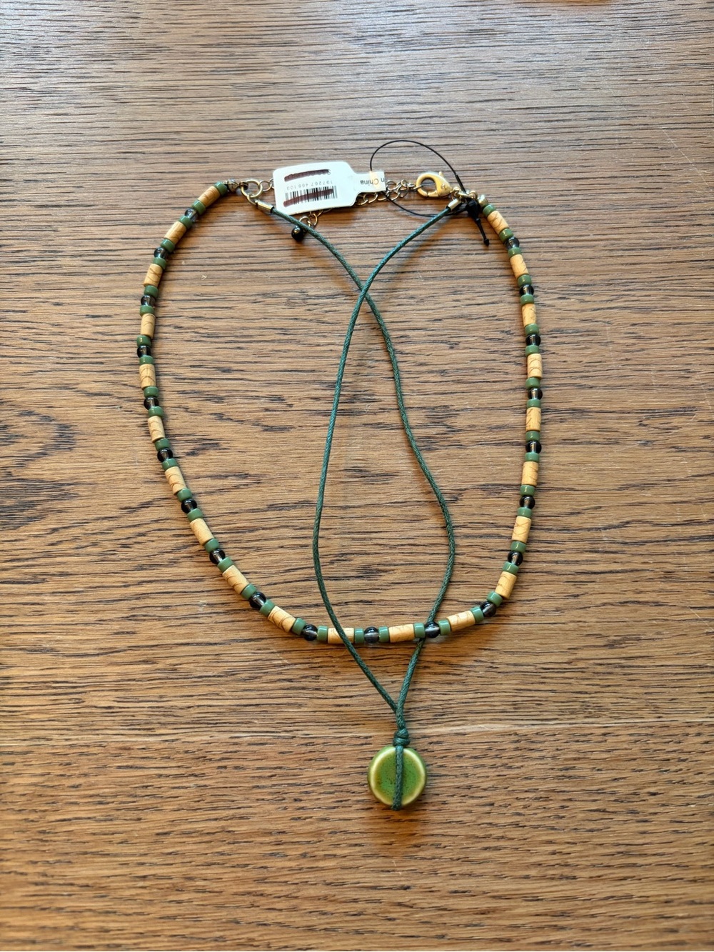 Free People Green Bead Pendant Necklace with Wood & Green Accents